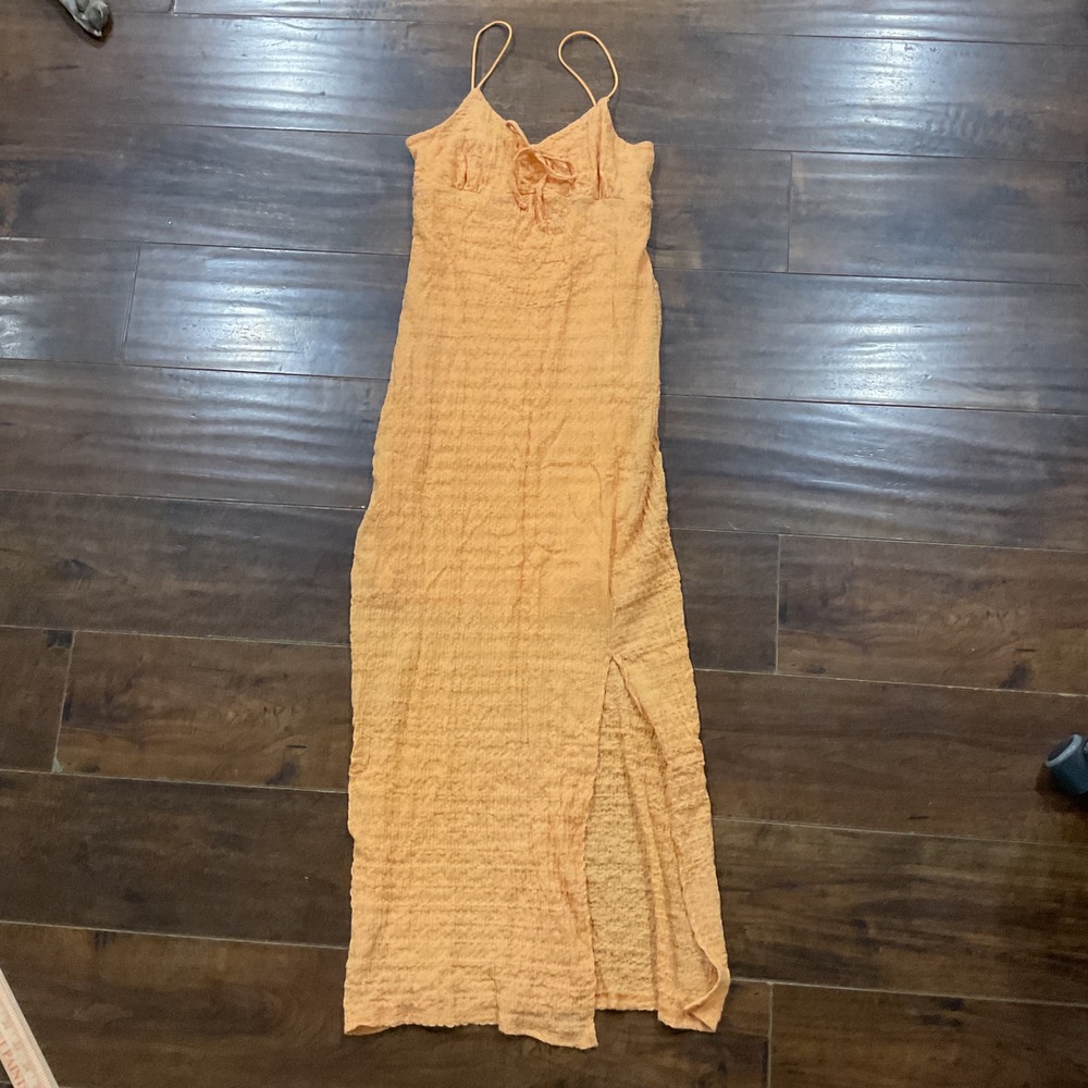 No Comment Womens Orange Textured Crinkle Maxi Dress Slit RK529662 Small